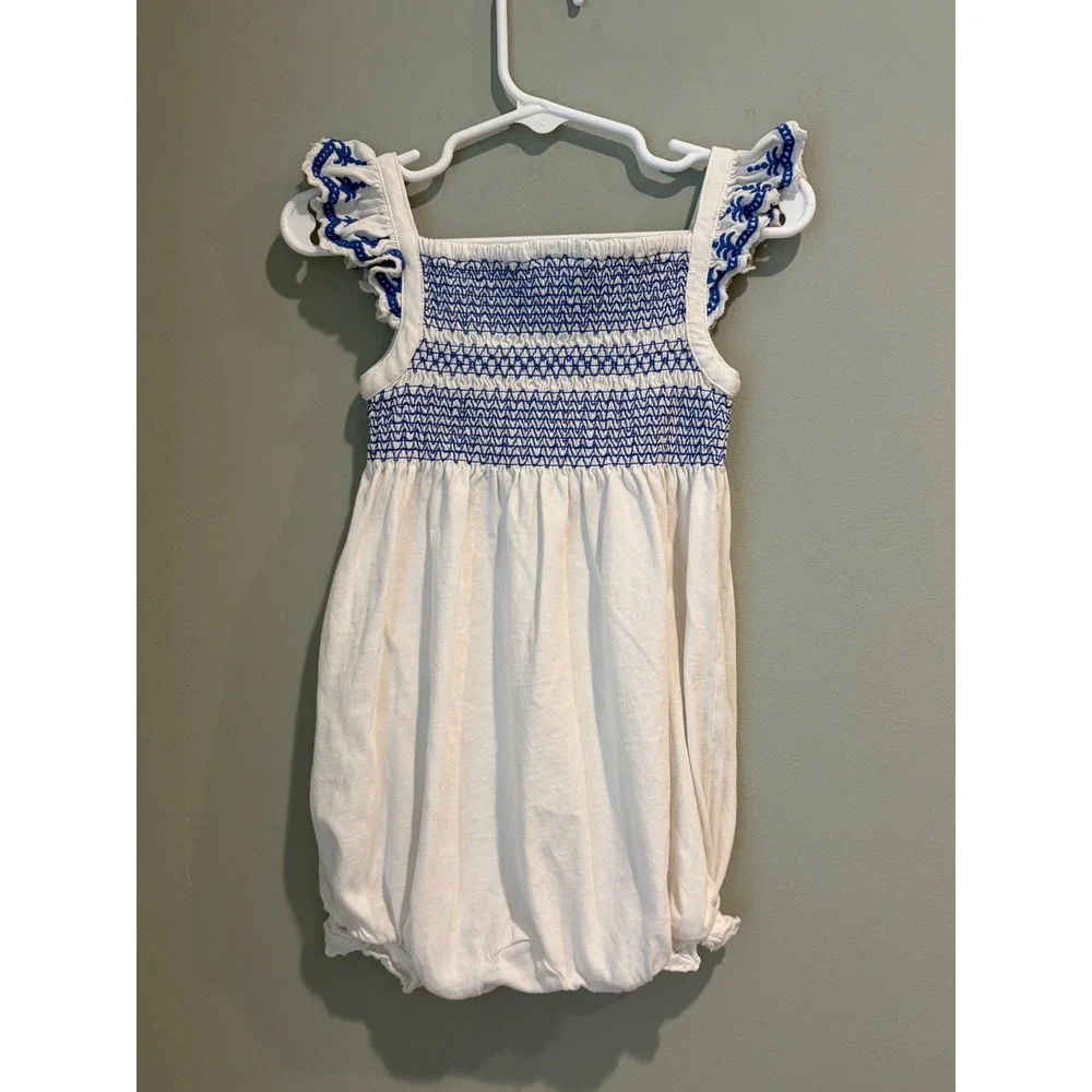 Ralph Lauren Baby Girl Smocked Romper White Blue Embroidered Bubble 18M